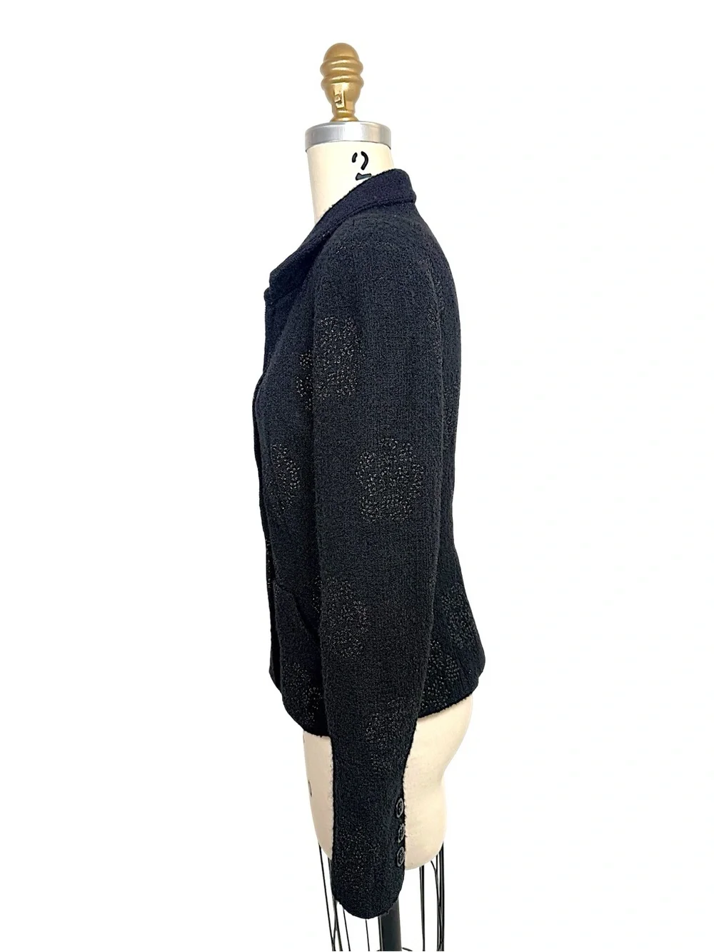Chanel Cruise 2003 Black Camellia Bouclé Zip Jacket FR36
